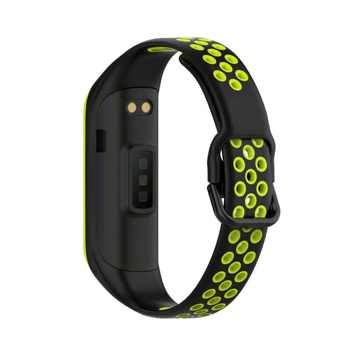 Silicone Sport Strap, black/yellow, on a watch, 3/4 rear view