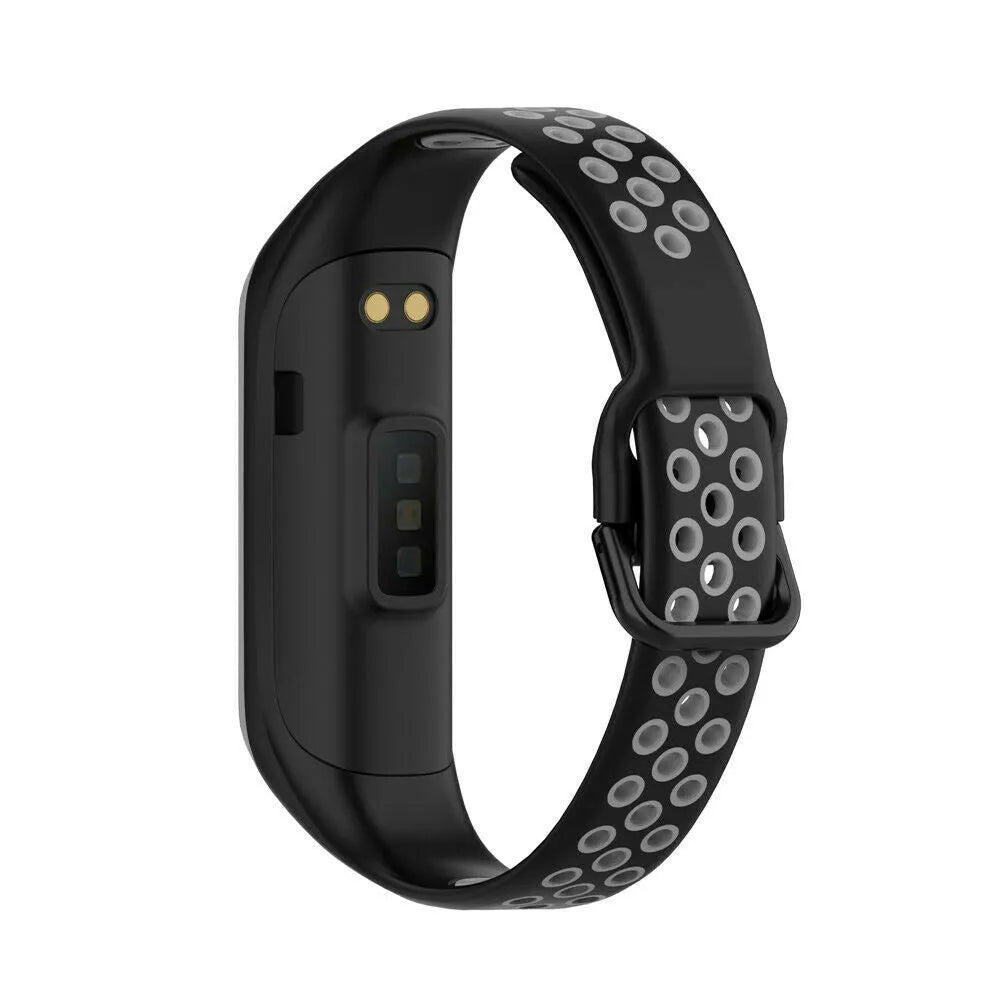 Silicone Sport Strap, black/grey, on a watch, 3/4 rear view