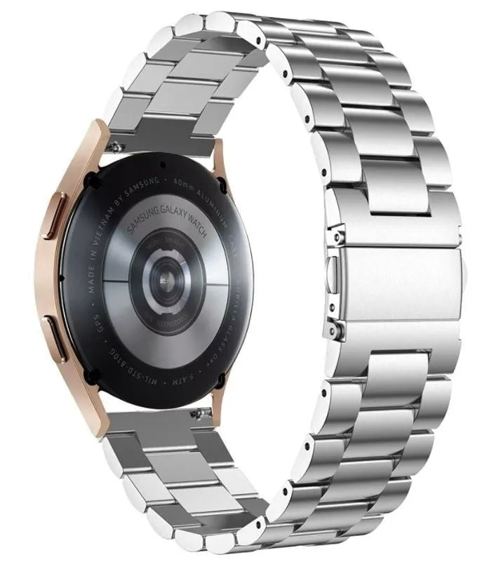 Steel Strap, silver, on a watch, 3/4 rear view