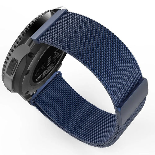 Milanese Strap, blue, on a watch, 3/4 rear view
