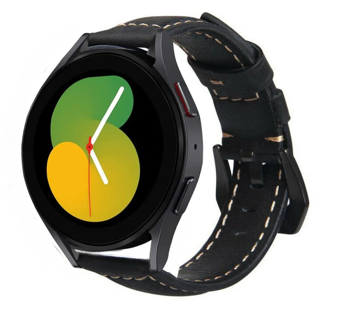 Leather Strap, black, on a watch, 3/4 rear view