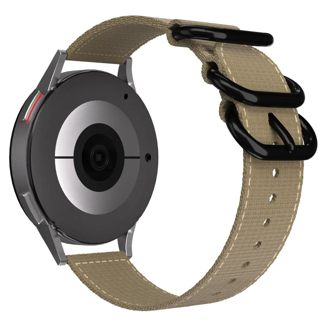 Nylon Buckle Strap, khaki, on a watch, 3/4 rear view