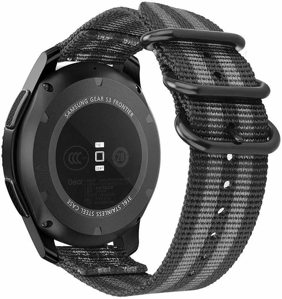 Nylon Buckle Strap, black/grey, on a watch, 3/4 rear view