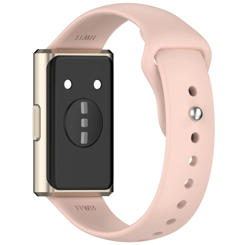 Silicone Sport Strap, soft pink, on a watch, 3/4 rear view