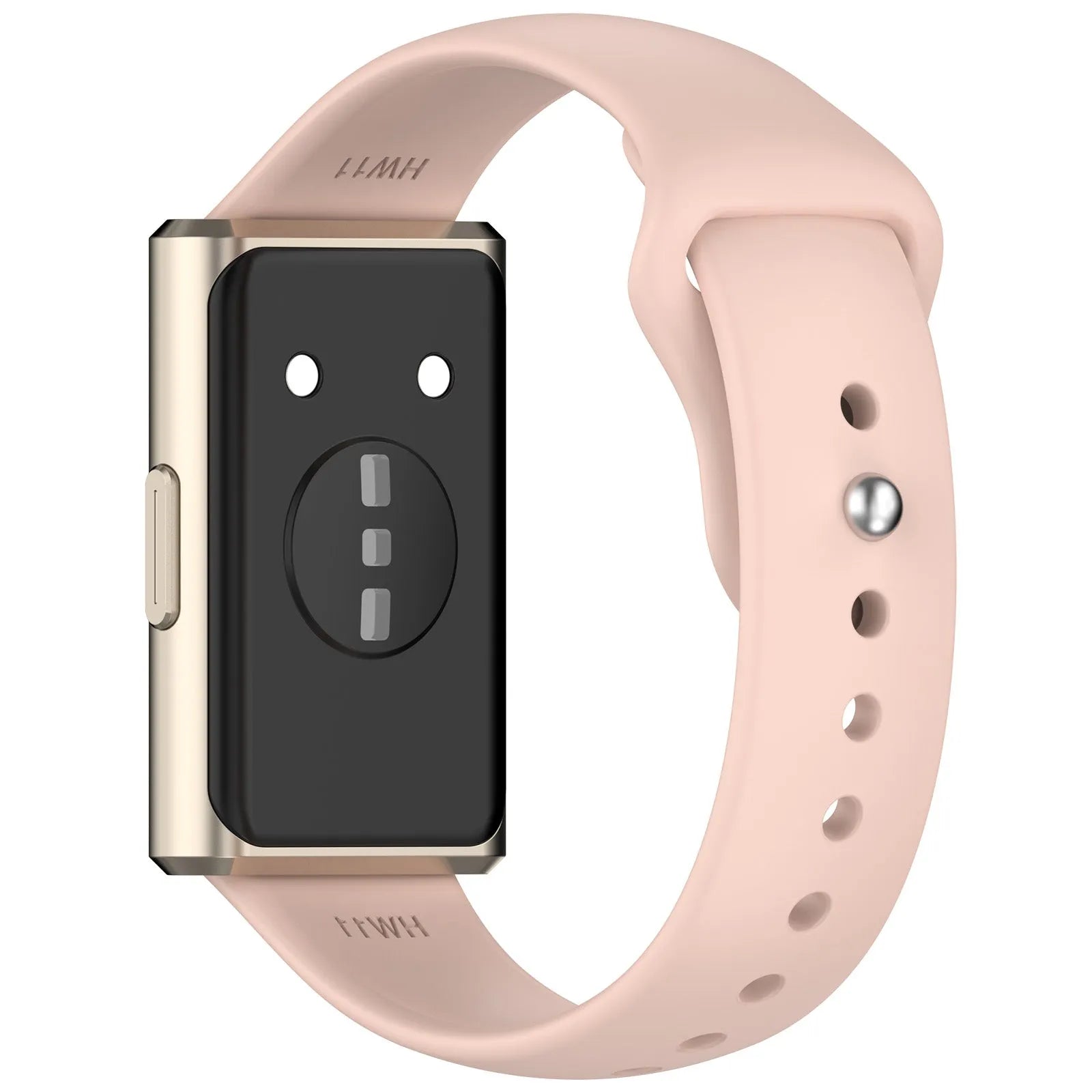 Silicone Sport Strap, soft pink, on a watch, 3/4 rear view