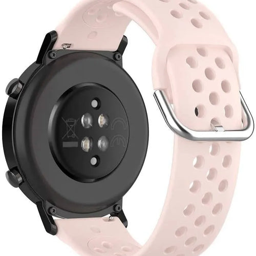 Breathable Silicone Strap, pink, on a watch, 3/4 rear view