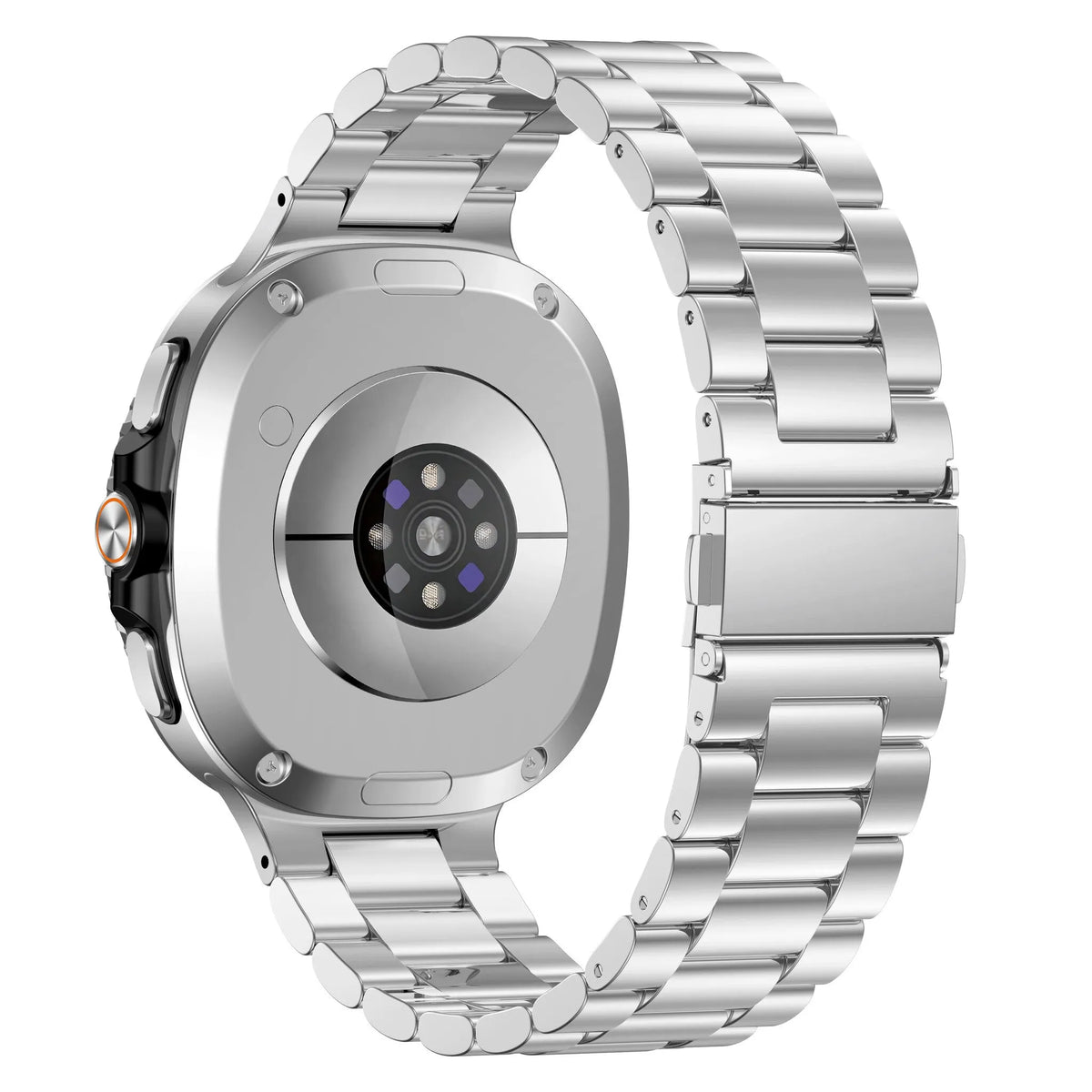 Steel Strap, silver, on a watch, 3/4 rear view