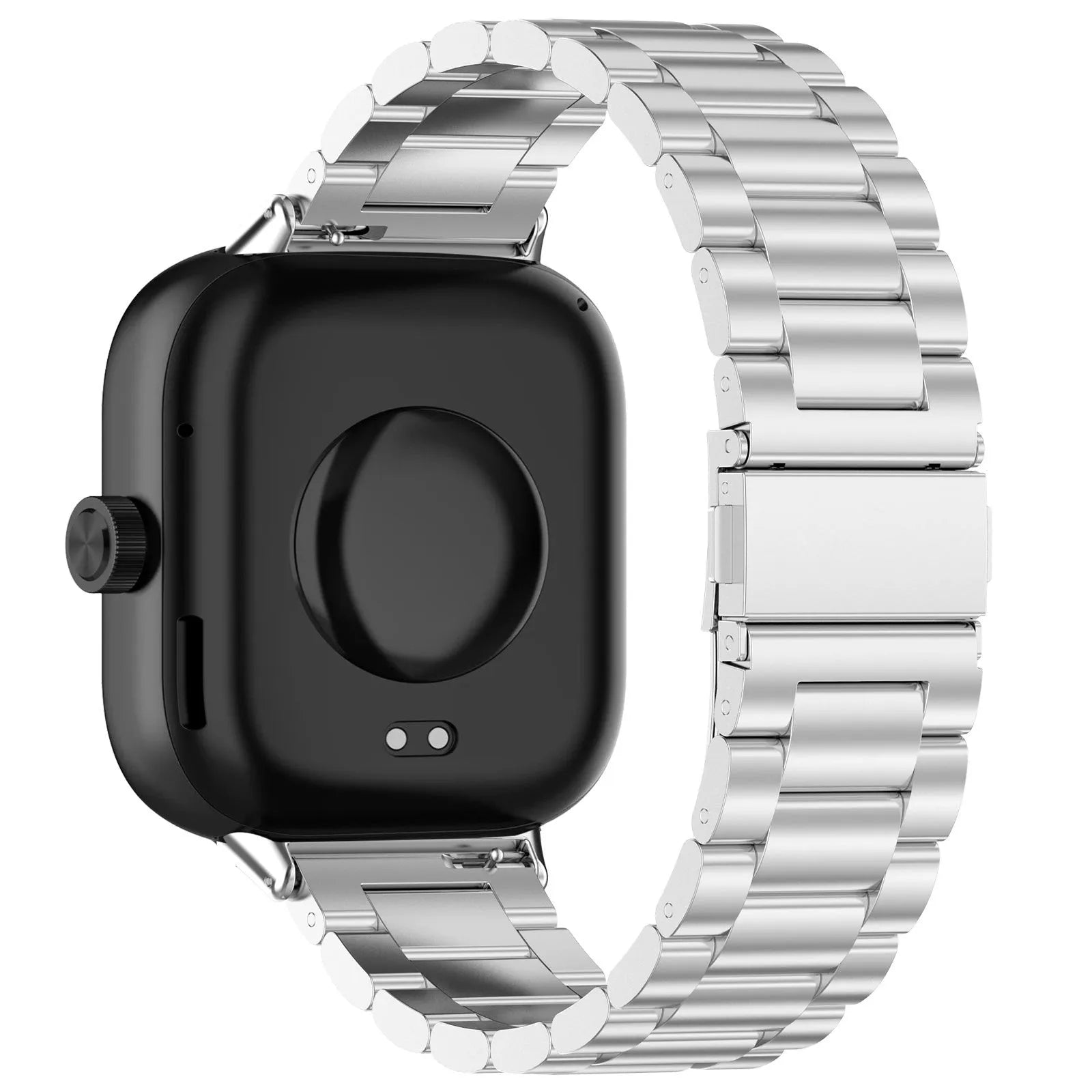Steel Strap, silver, on a watch, 3/4 rear view