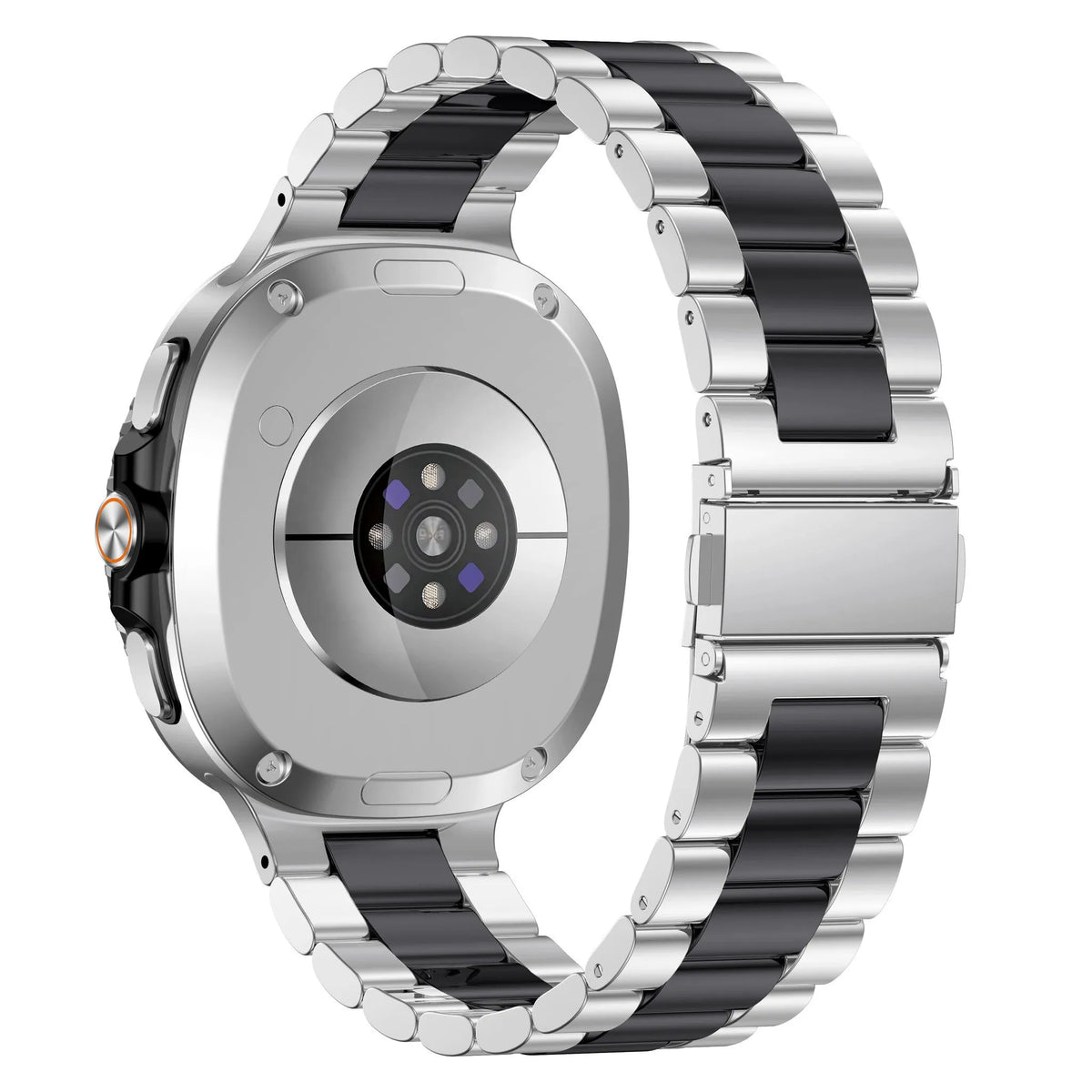Steel Strap, silver/black, on a watch, 3/4 rear view