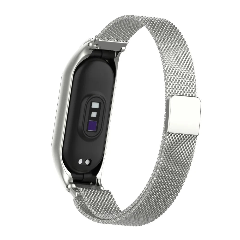 Milanese Strap, silver, on a watch, 3/4 rear view