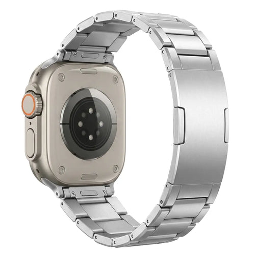 Refined Titanium Strap, silver, on a watch, 3/4 rear view