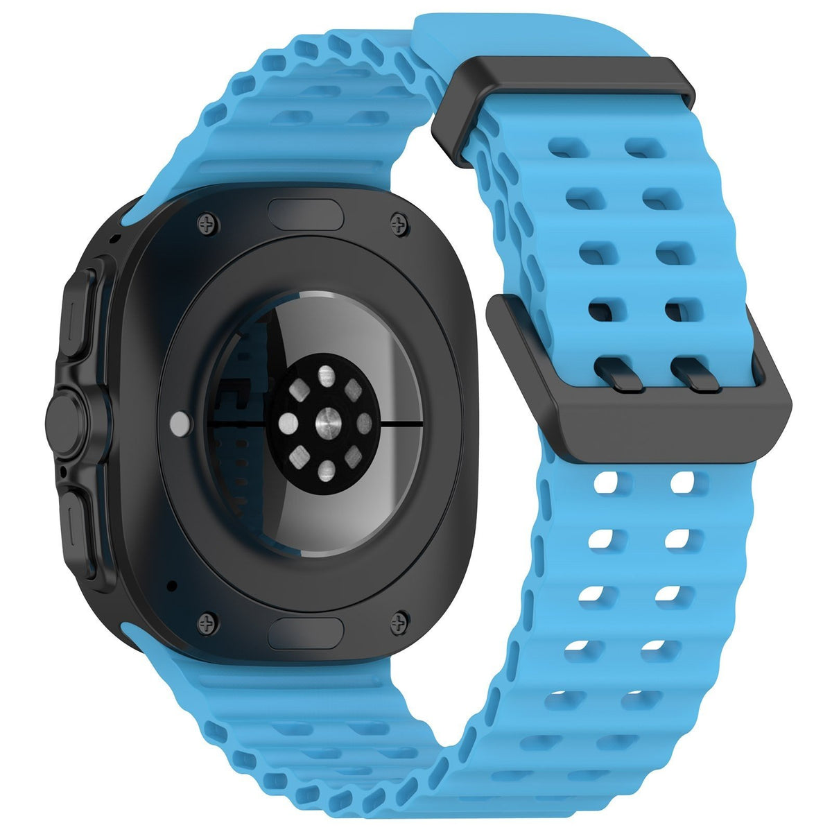 Silicone Ocean Strap, light blue, on a watch, 3/4 rear view