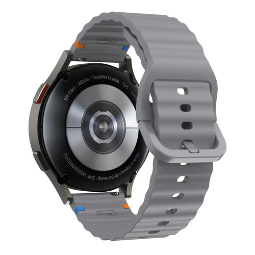 Wave Silicone Strap, dark grey, on a watch, 3/4 rear view
