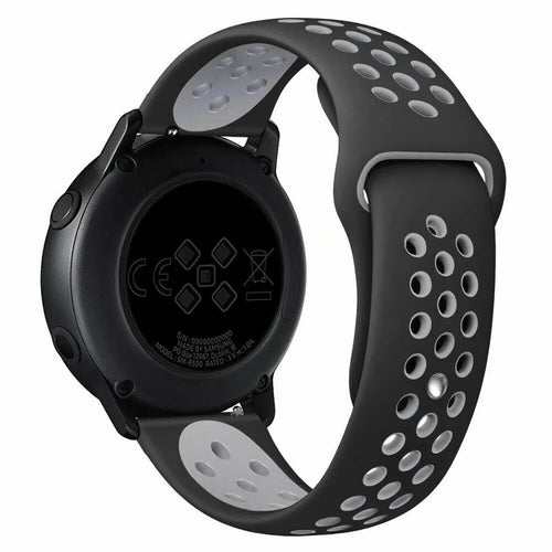Silicone Sport Strap, black/grey, on a watch, 3/4 rear view