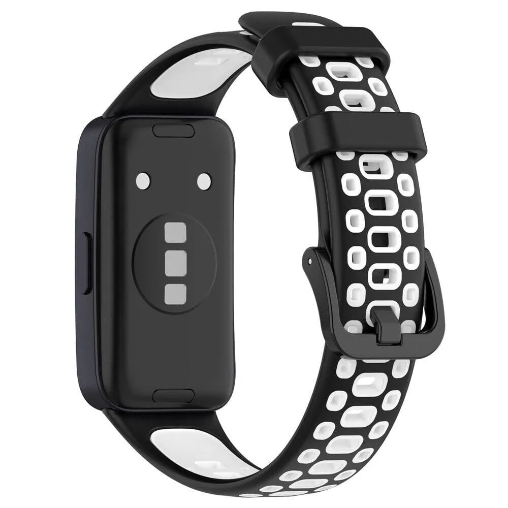 Silicone Sport Strap, black/white, on a watch, 3/4 rear view