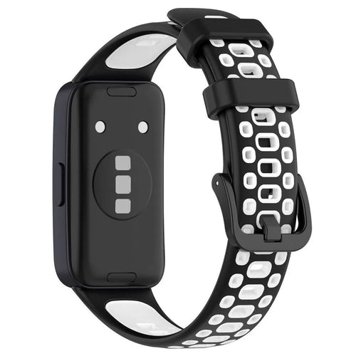Silicone Sport Strap, black/white, on a watch, 3/4 rear view