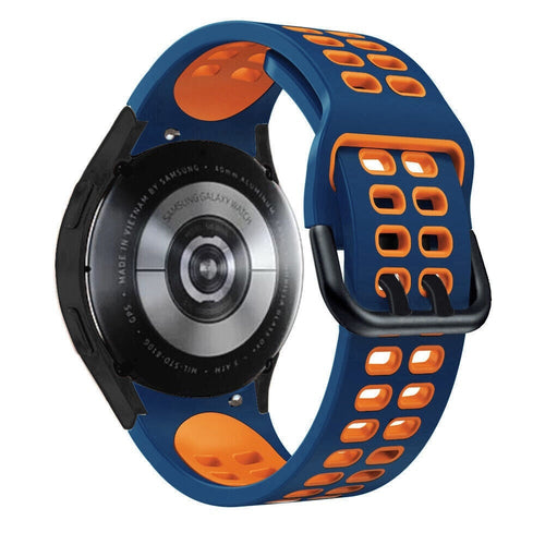 Silicone Squared Sport Strap, blue/orange, on a watch, 3/4 rear view