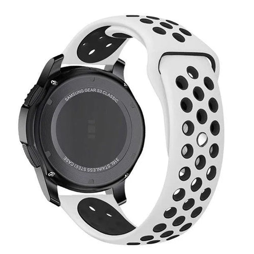 Silicone Sport Strap, white/black, on a watch, 3/4 rear view