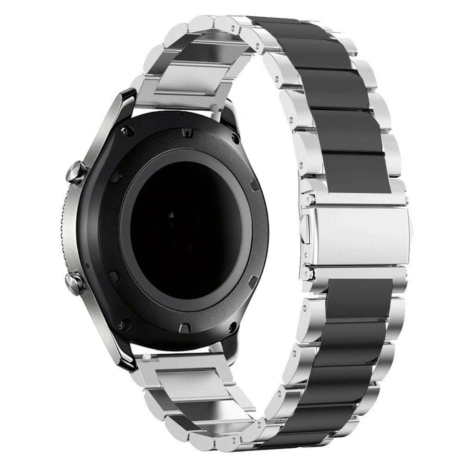 Steel Strap, silver/black, on a watch, 3/4 rear view
