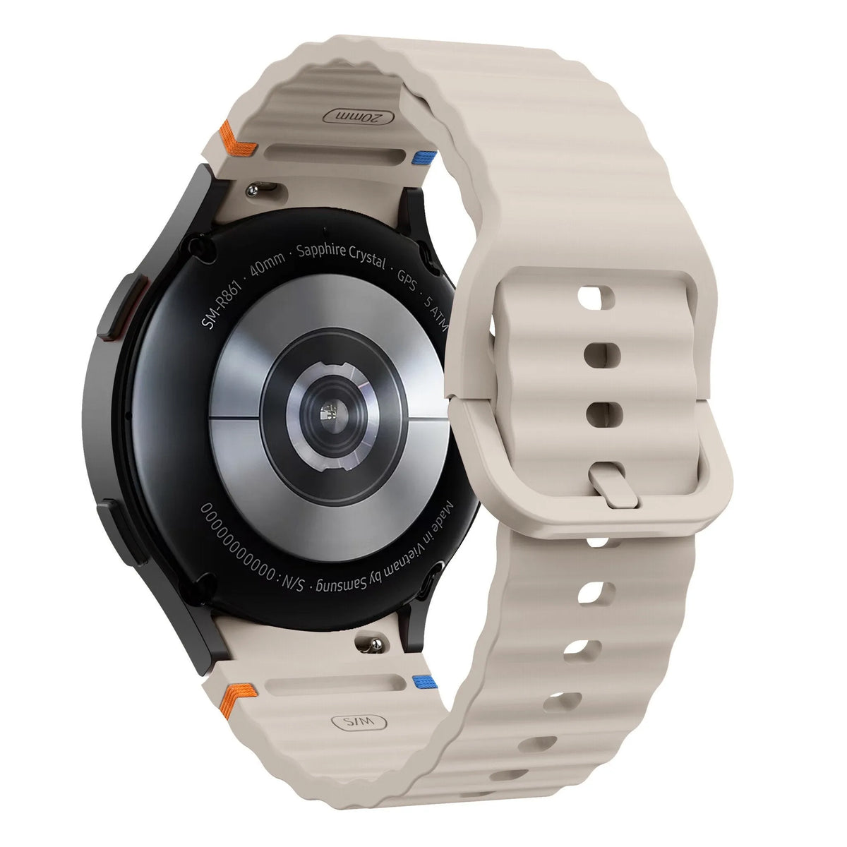 Wave Silicone Strap, starlight, on a watch, 3/4 rear view