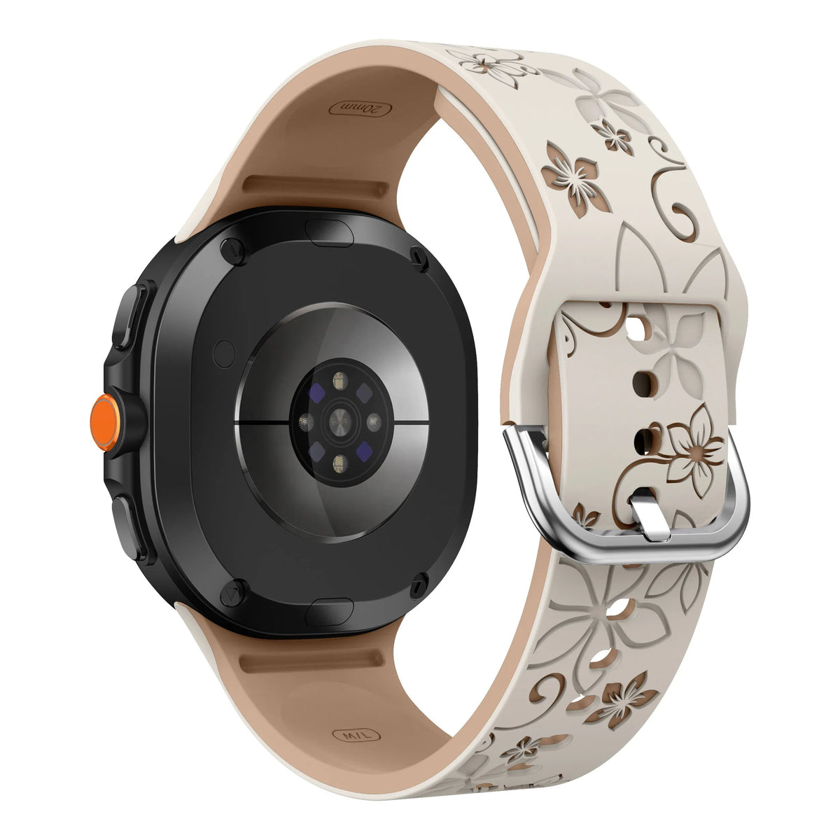 Flower Silicone Strap, starlight/beige, on a watch, 3/4 rear view