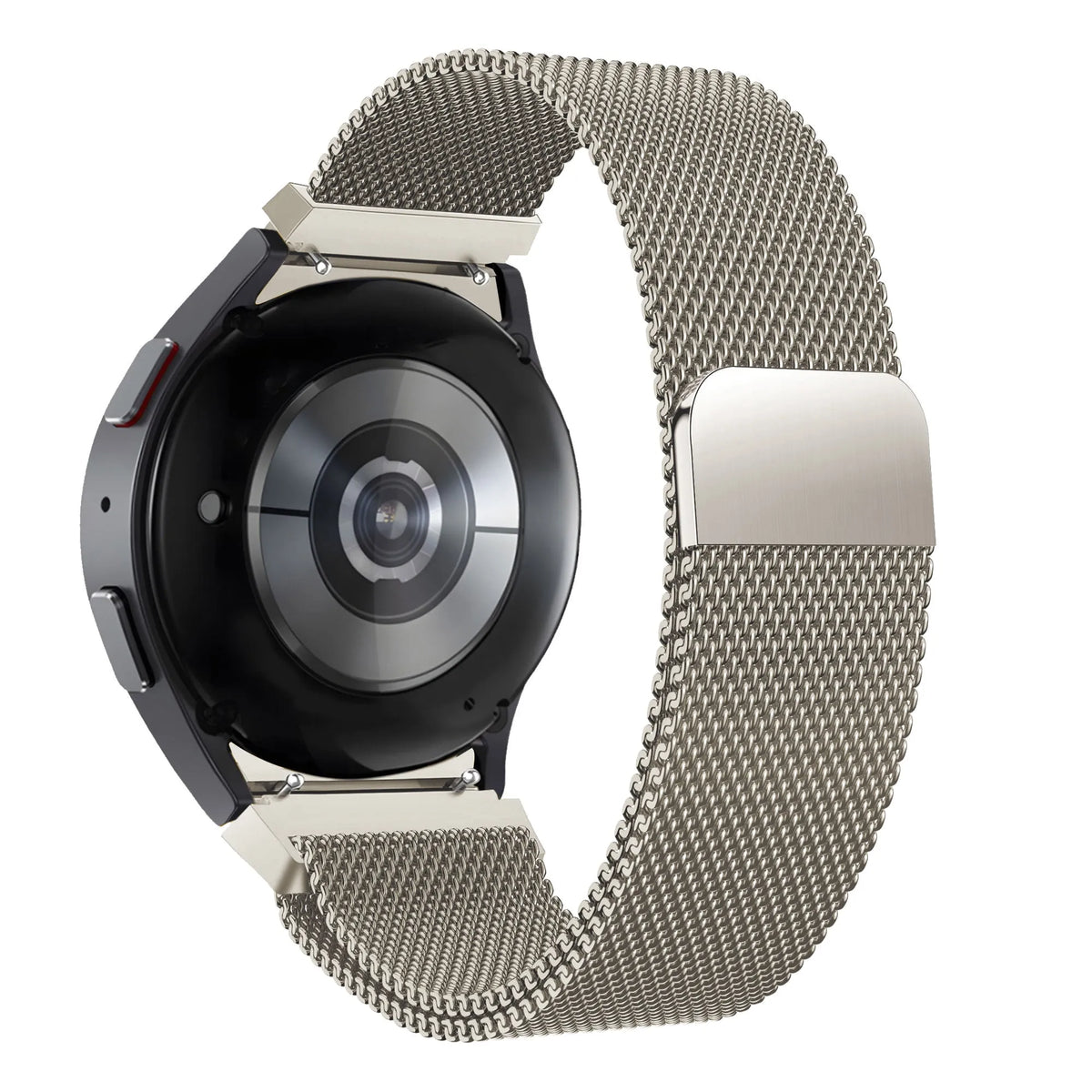 Milanese Loop Strap, starlight, on a watch, 3/4 rear view