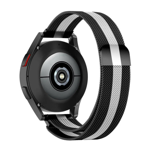 Milanese Strap, black/white, on a watch, 3/4 rear view