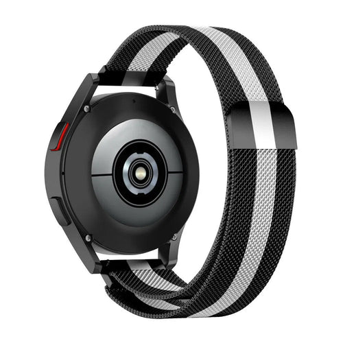 Milanese Strap, black/white, on a watch, 3/4 rear view