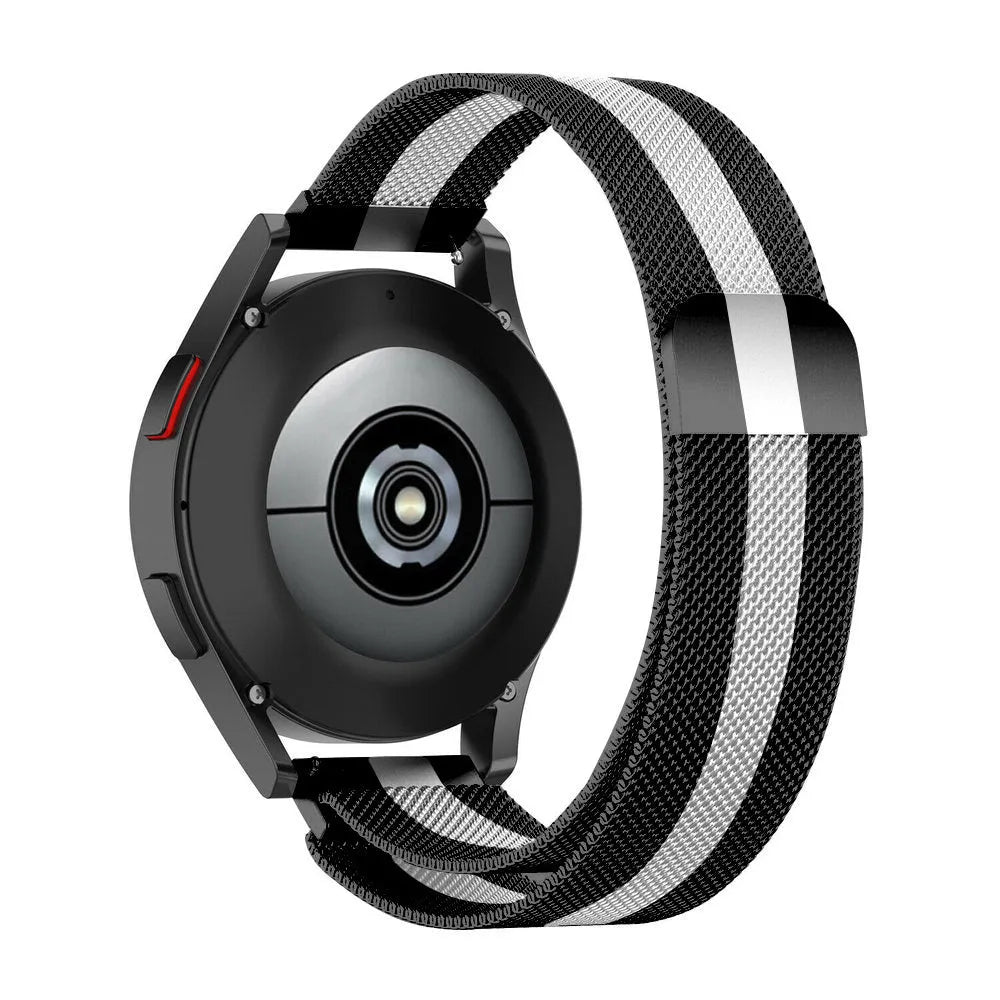 Milanese Strap, black/white, on a watch, 3/4 rear view