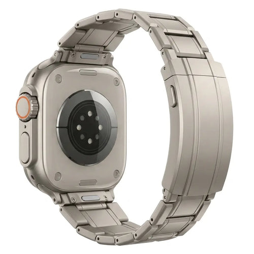 Adjustable Titanium Strap, on a watch, 3/4 rear view