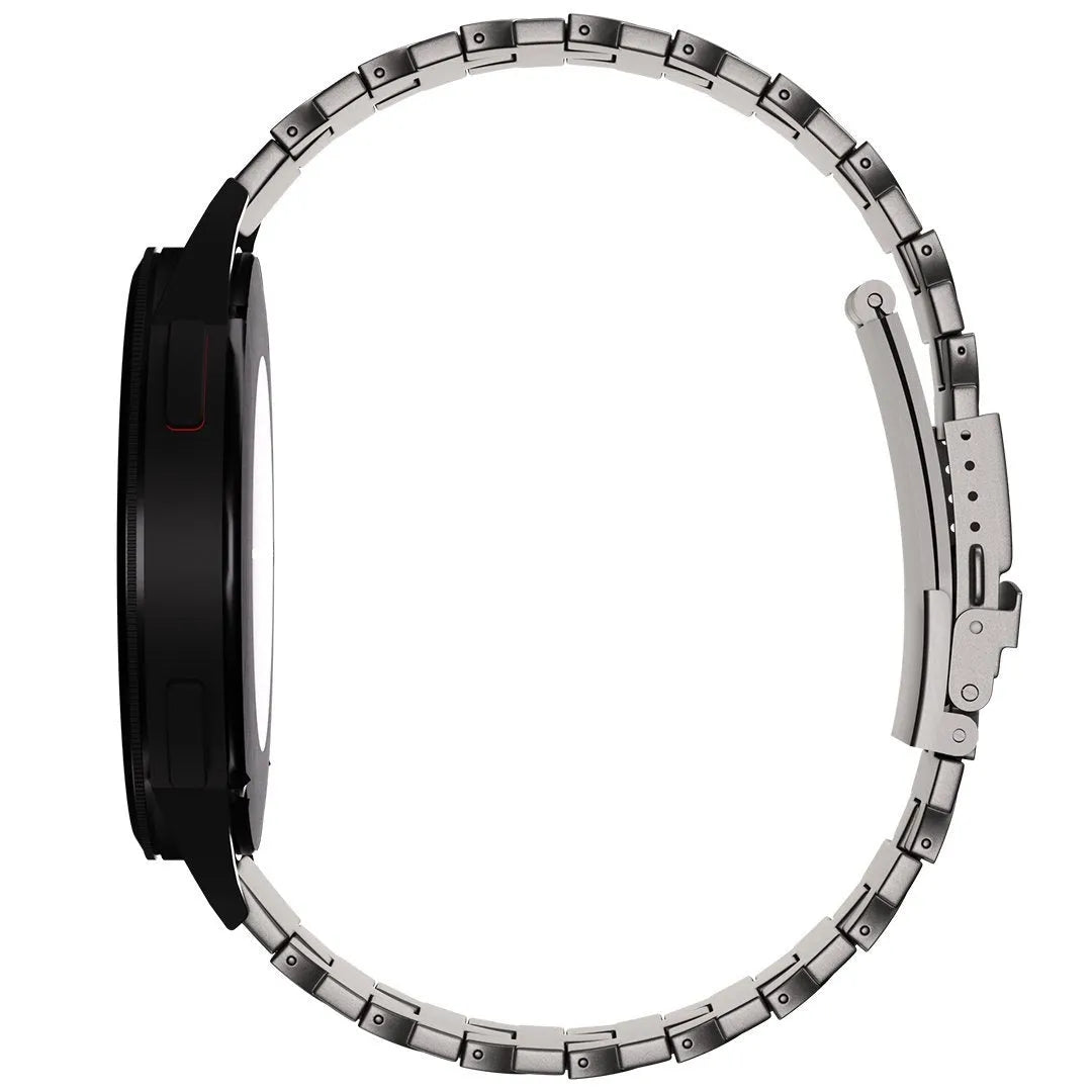 Butterfly Titanium Strap, graphite, on a watch, 3/4 rear view