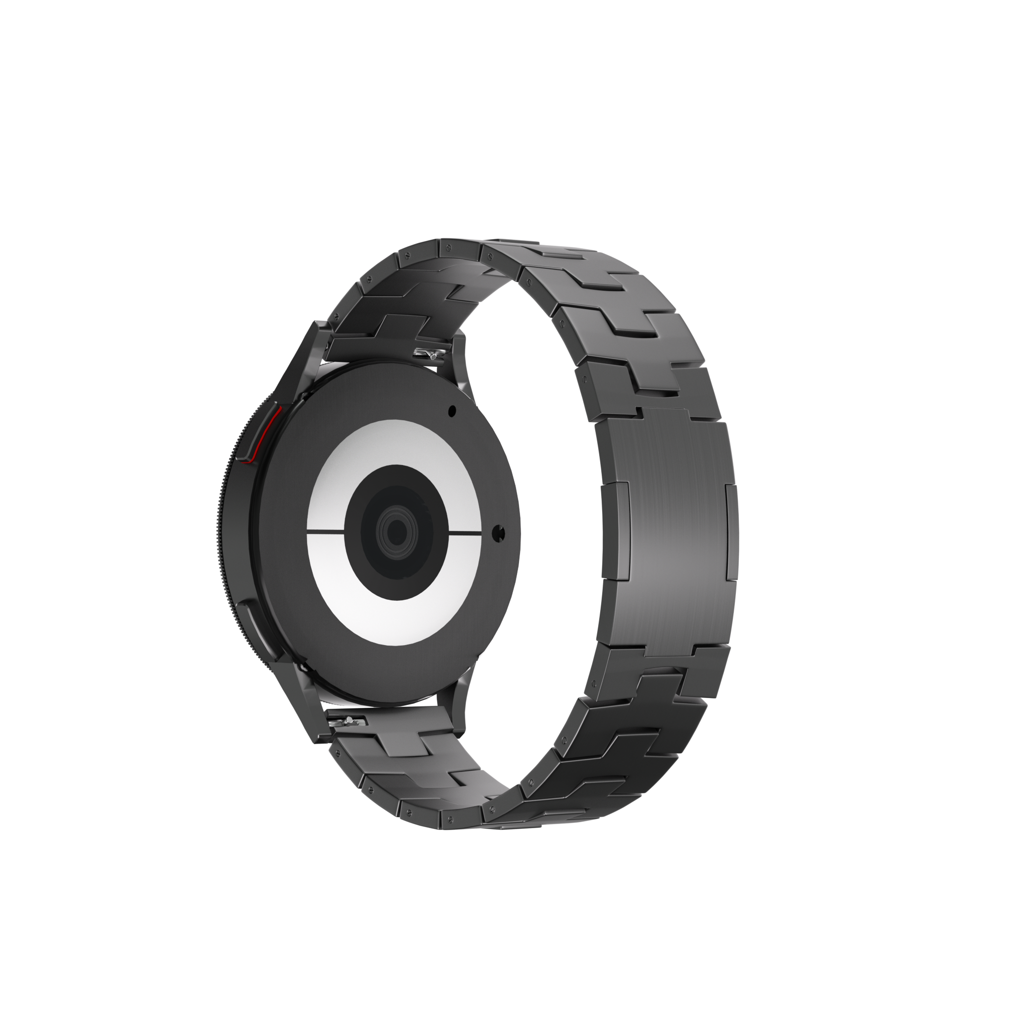Titanium Grain Strap (Flat Clasp), graphite, on a watch, 3/4 rear view