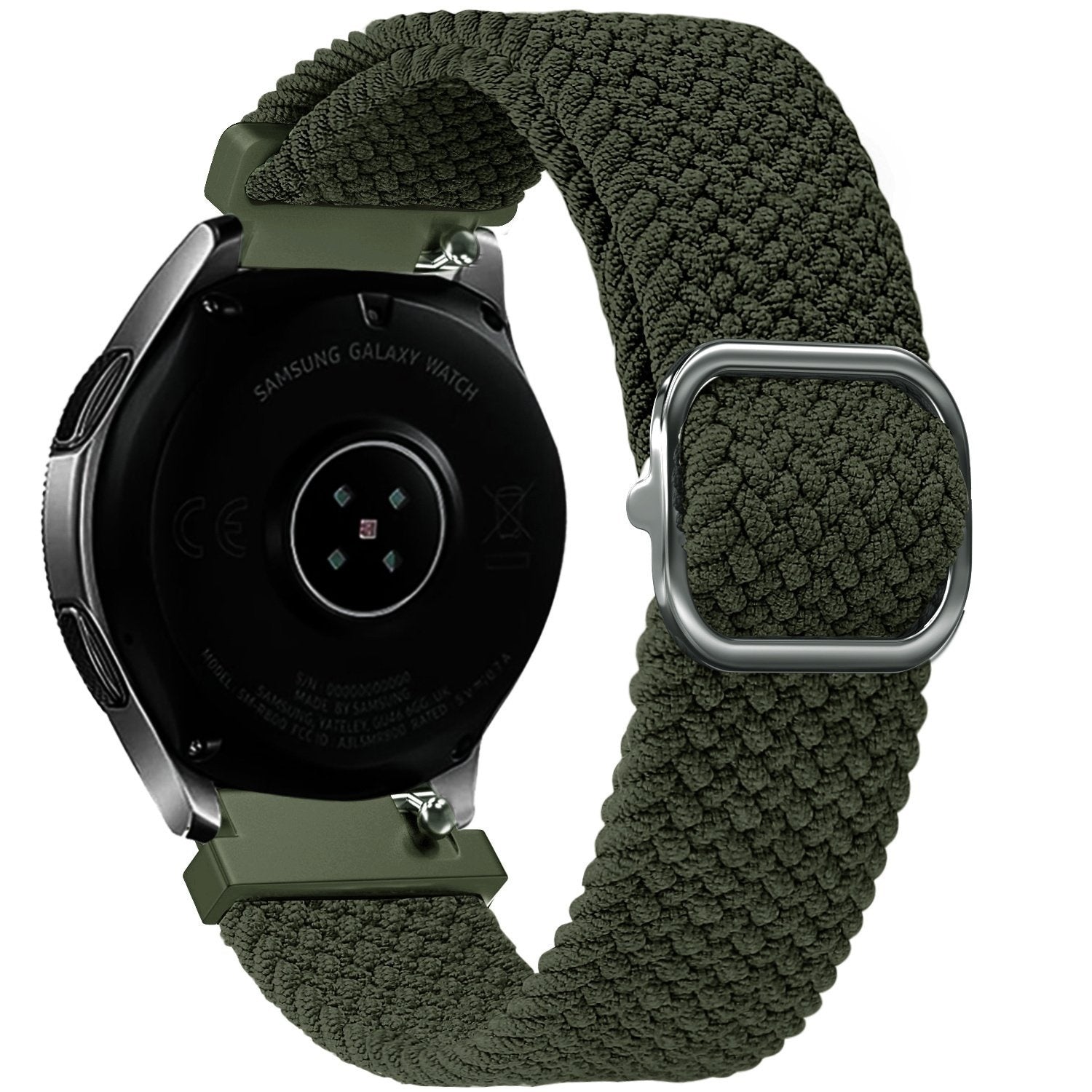 Nylon Adjustable Braided Strap, green, on a watch, 3/4 rear view