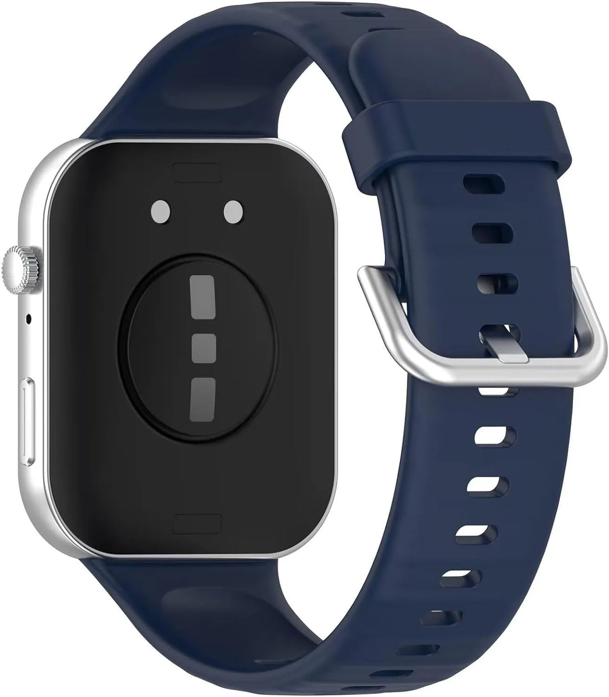 Silicone Strap, dark blue, on a watch, 3/4 rear view