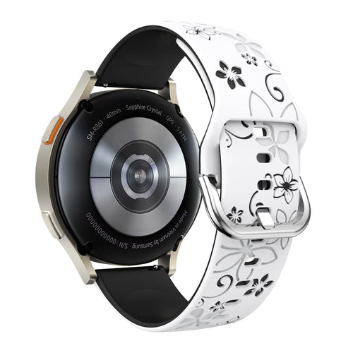 Flower Silicone Strap, white/black, on a watch, 3/4 rear view