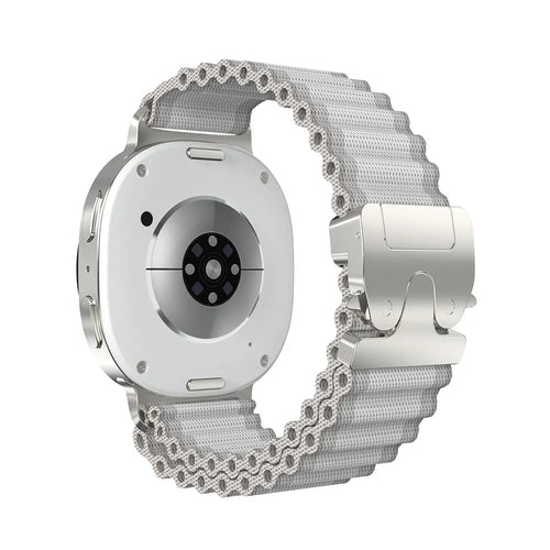 Outdoor Nylon Strap with P-Buckle, white with silver, on a watch, 3/4 rear view