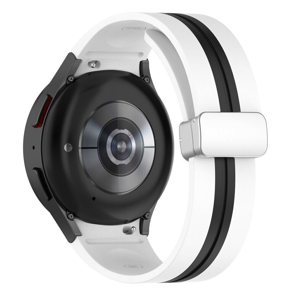 Silicone Magnetic Sport Strap, white/black, on a watch, 3/4 rear view