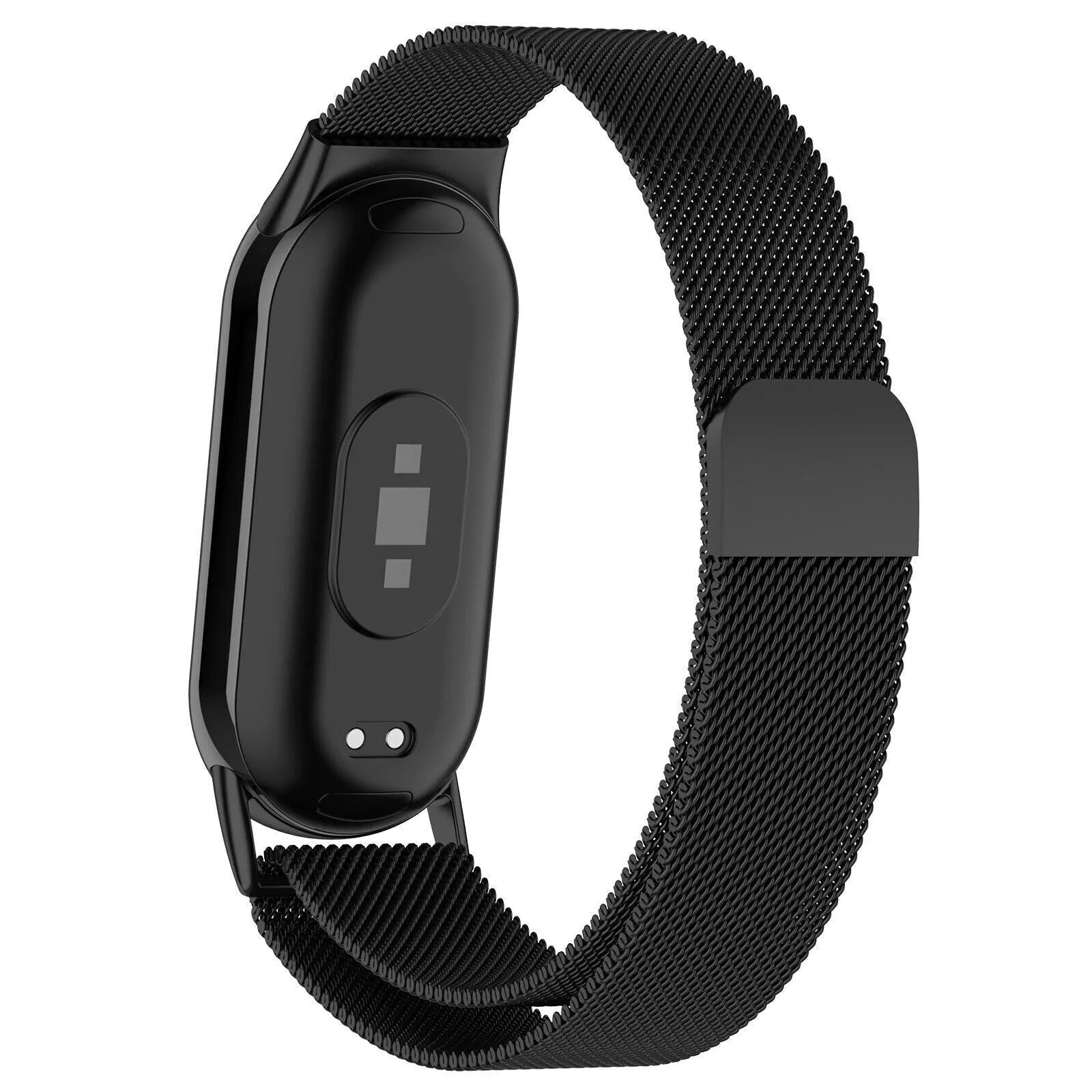 Milanese Strap, black, on a watch, 3/4 rear view