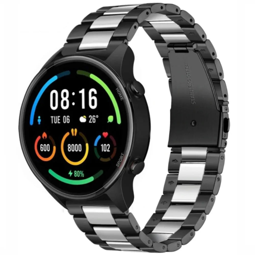 Steel Strap, black/silver, on a watch, 3/4 rear view