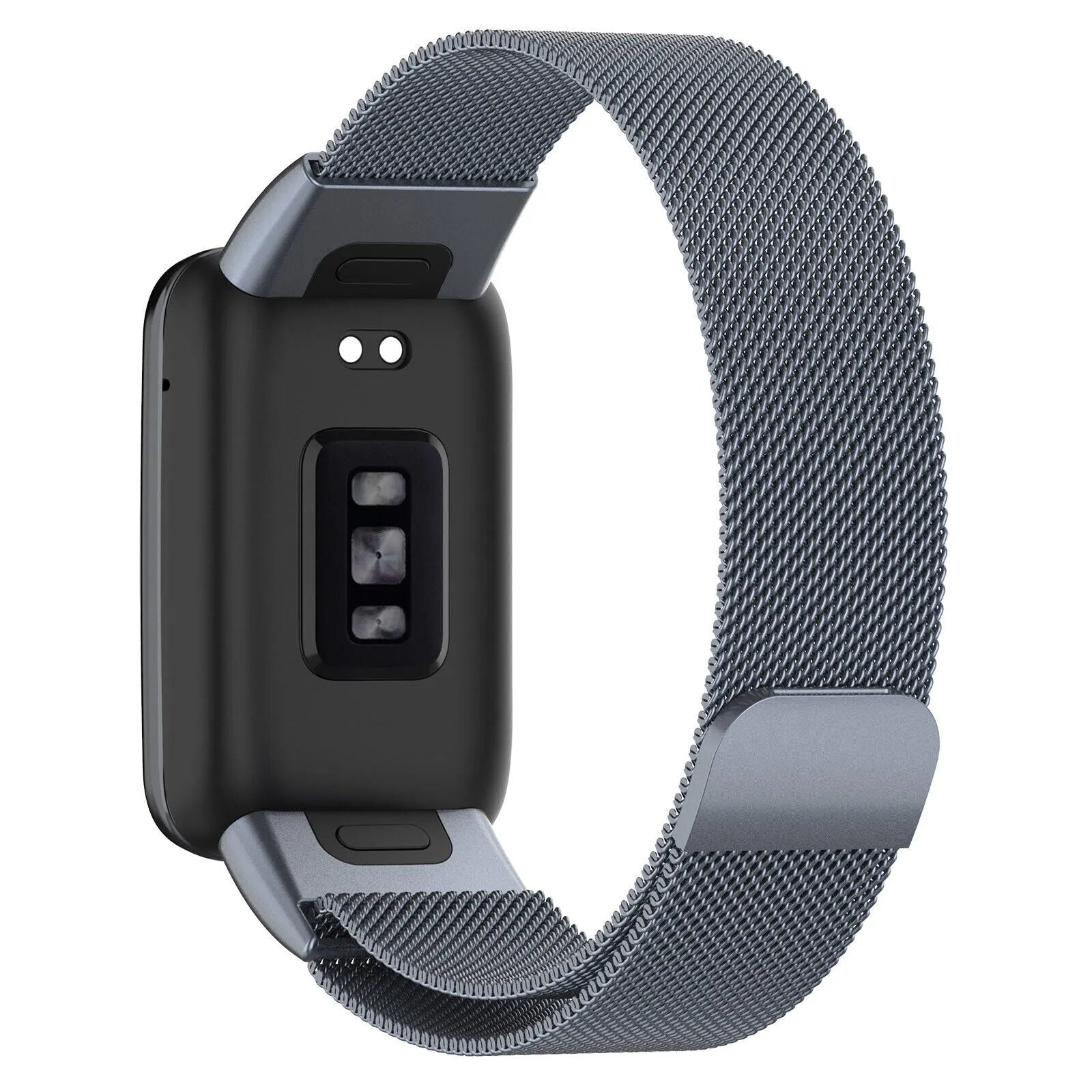 Milanese Strap, space grey, on a watch, 3/4 rear view
