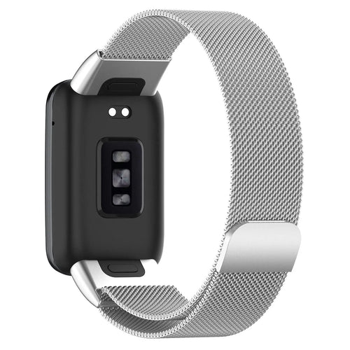 Milanese Strap, silver, on a watch, 3/4 rear view