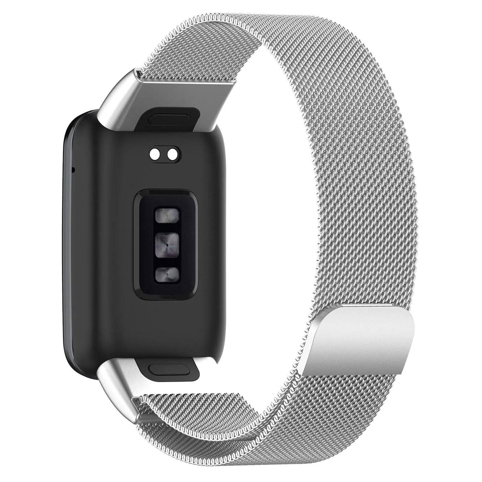 Milanese Strap, silver, on a watch, 3/4 rear view
