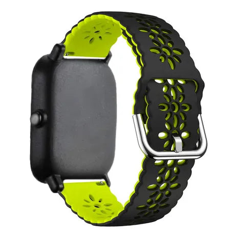 Patterned Silicone Strap, black/green, on a watch, 3/4 rear view