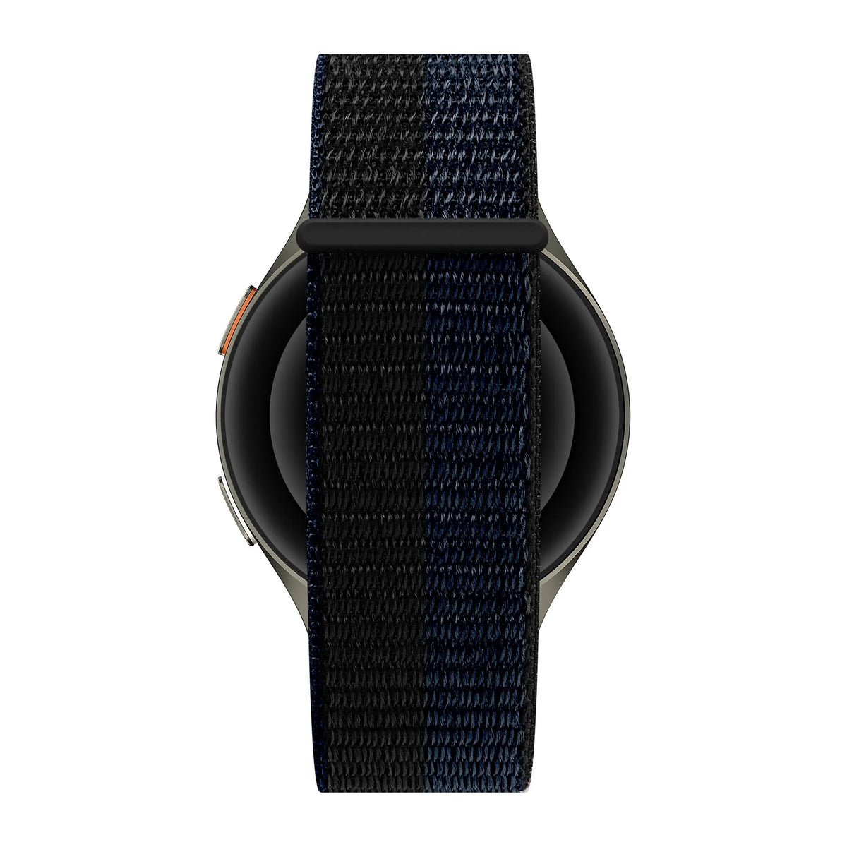 Nylon Strap 'Easy Fit', black/blue, on a watch, direct front view