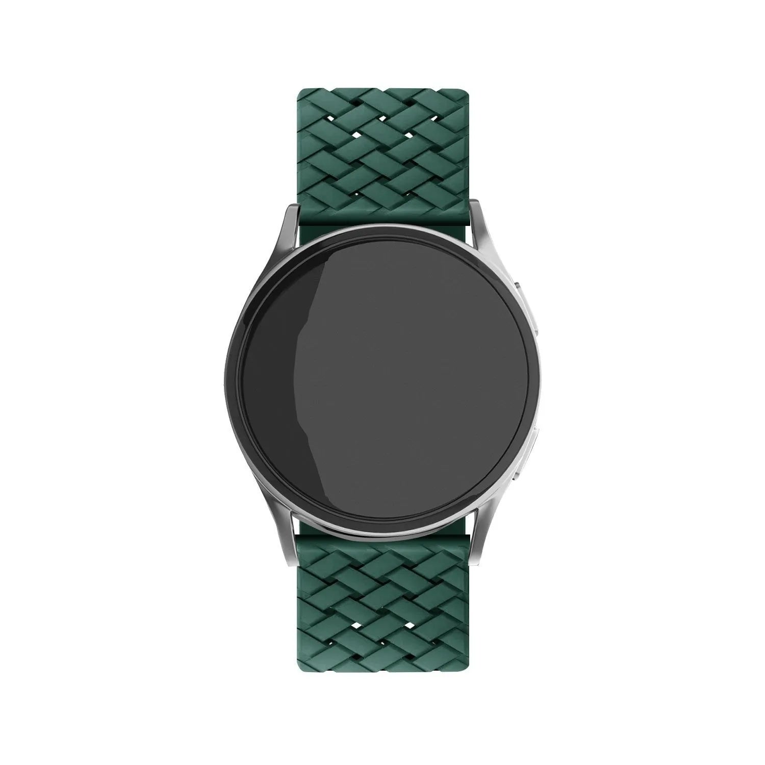 Braided Silicone Strap, dark green, on a watch, direct front view