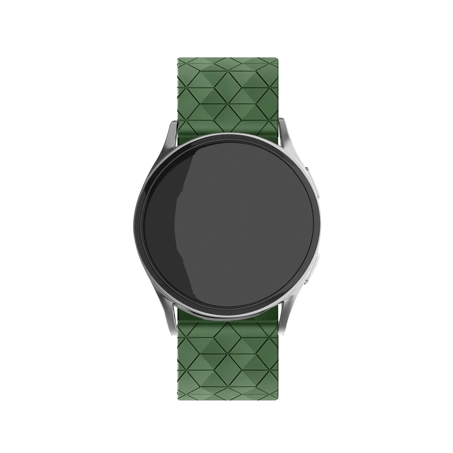 Silicone Strap Hexagons, army green, on a watch, direct front view