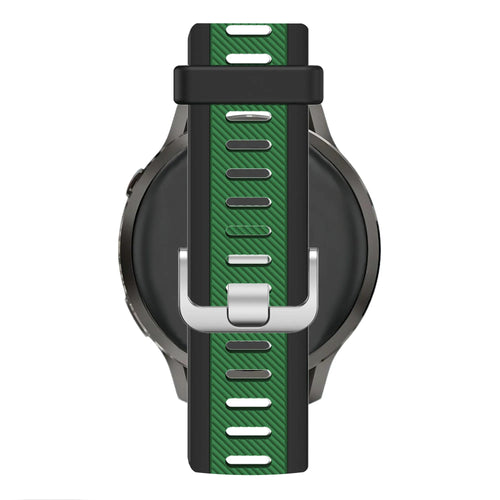 Silicone Dual Buckled Sport Strap, black/green, on a watch, direct front view