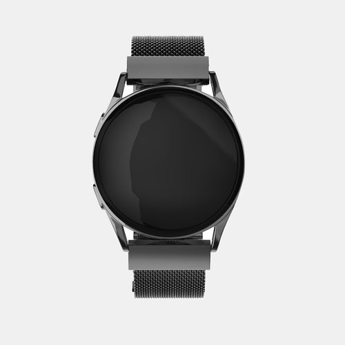 Milanese Steel Strap, black, on a watch, direct front view