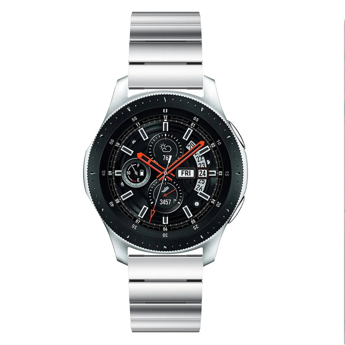Premium Metal Strap, silver, on a watch, direct front view
