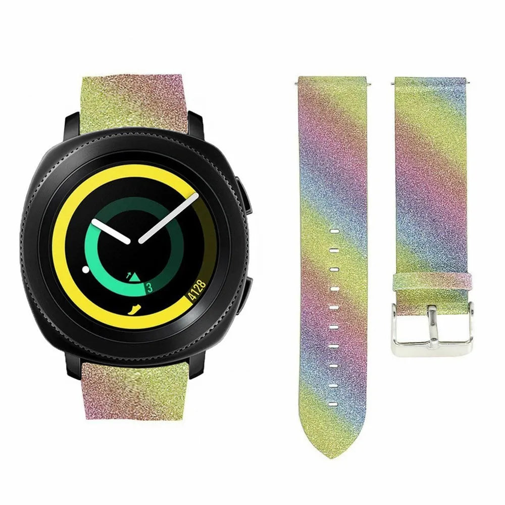 Leather Strap with Glitters, rainbow, on a watch, direct front view